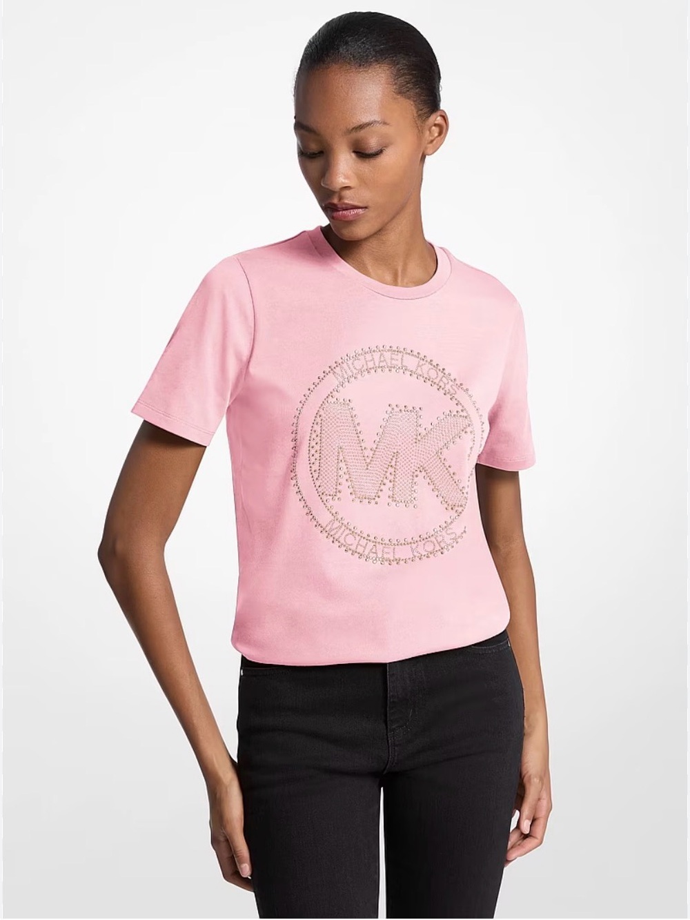 Michael Kors Bubblegum Pink Studded Logo Charm Organic Cotton Jersey T-Shirt